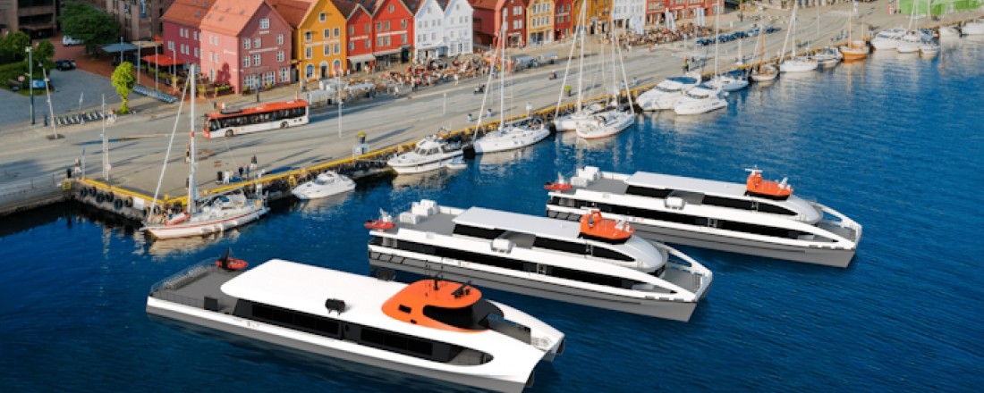 Illustration of Fjord1’s new high speed passenger catamarans. The closest vessel will be a newbuild with low-emission propulsion system, where of the two others will be retrofitted with zero-emission propulsion systems. Illustration: Brødrene Aa