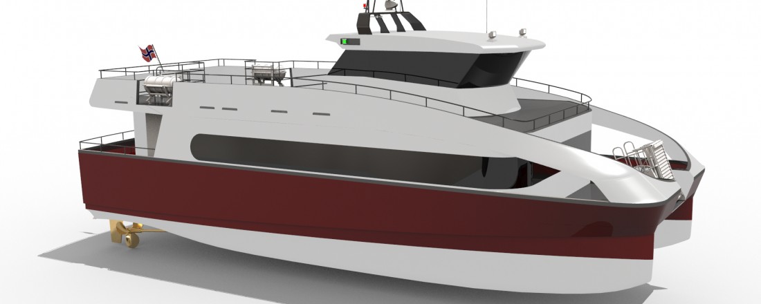 Båten blir Alusafe Cat 18 EL med hel-elektrisk fremdriftslinje og kapasitet til 75 passasjerer. Illustrasjon: Maritime Partner