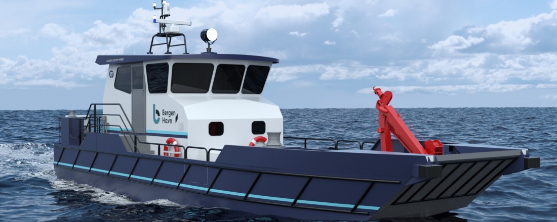 Maritime Partner skal levere en slik arbeidsbåt til Bergen Havn. Illustrasjon: Maritime Partner.