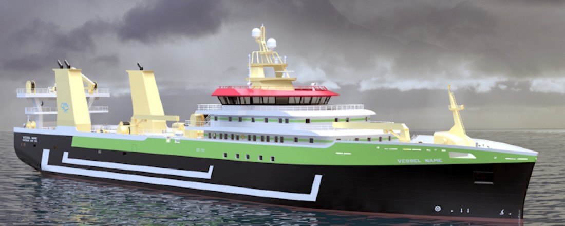 Skipsteknisk er blitt valgt til å designe en ny generasjon miljøvennlige, pelagiske frysetrålerfartøy med høy kapasitet. Illustrasjon: Skipsteknisk.