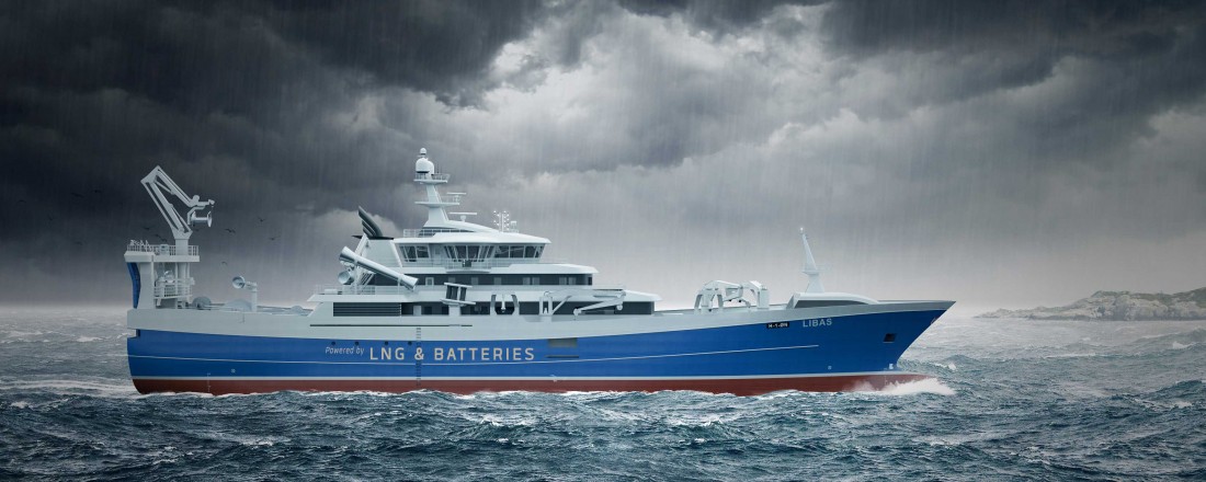 Liegruppen og Salt Ship Design fikk Innovasjonsprisen under årets Nor-Fishing, for den innovative fiskebåten Libas. Illustrasjon: Salt Ship Design
