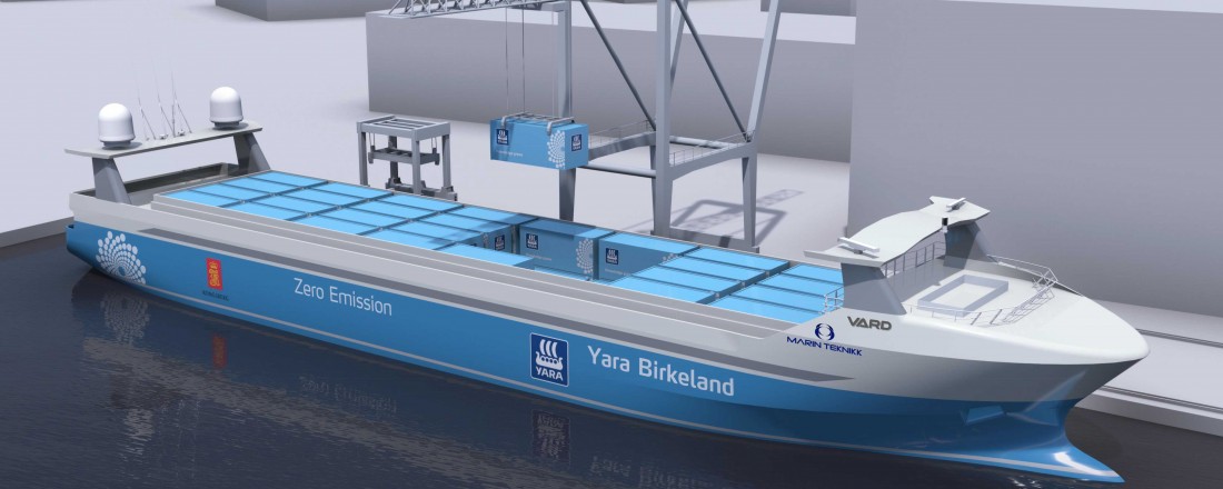 Yara Birkeland, verdens første elektriske, autonome frakteskip, bygges ved Vard Brevik. Ill: Marin Teknikk