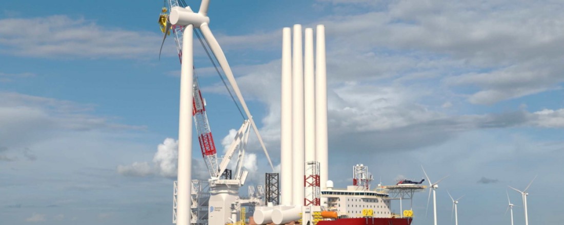 The new WTIV will be able to transport and install several sets of next-generation wind turbines and their foundations. Illustration: Kongsberg Maritime. 