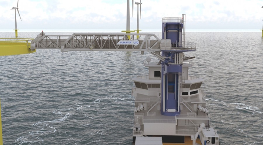The gangway offers superior workability with its 12m telescopic compensation, infinitely adjustable access height to the wind turbines and has the potential for power regeneration during gangway operations. Photo: Ulmatec.