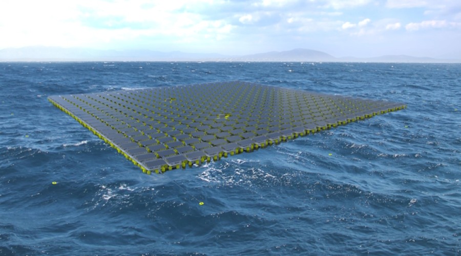 XolarSurf er en modulær flytende solkraftteknologi utviklet av Moss Maritime for miljøer offshore. Illustrasjon: Mos Maritime.