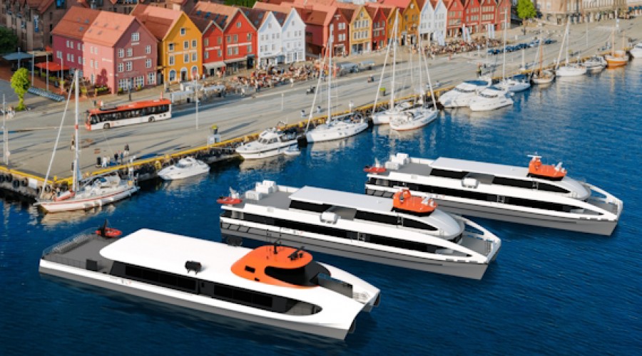 Illustration of Fjord1’s new high speed passenger catamarans. The closest vessel will be a newbuild with low-emission propulsion system, where of the two others will be retrofitted with zero-emission propulsion systems. Illustration: Brødrene Aa
