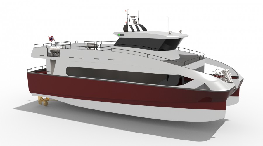 Båten blir Alusafe Cat 18 EL med hel-elektrisk fremdriftslinje og kapasitet til 75 passasjerer. Illustrasjon: Maritime Partner