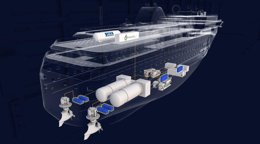 Illustrasjon av skipets fremdriftssystemer med LH2 tank og brenselceller integrert. Ill: Havyard