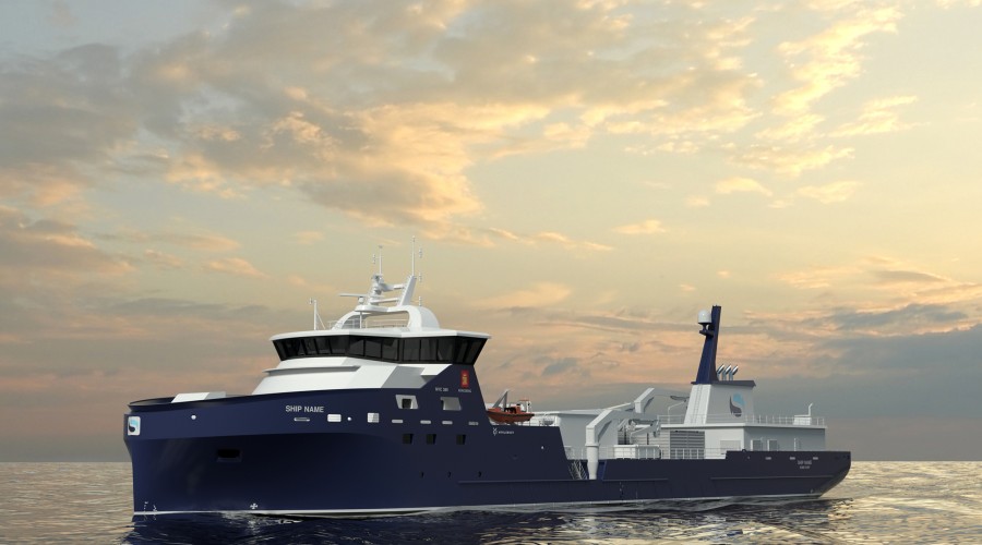 To slike brønnbåter av design NVC 389 bygges ved Myklebust verft for Sølvtrans. Nå kan en kontrakt på ytterligere to båter være underveis. Illustrasjon: Kongsberg/Myklebust Verft