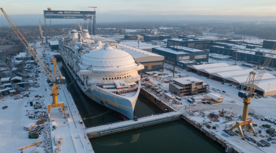 Akkurat nå bygges verdens største cruiseskip, Icon of the Seas,  ed verftet i Turku, Finland. Foto: Royal Caribbean International