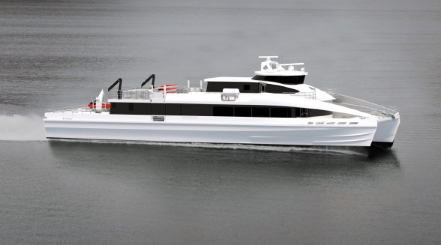 Dei nye båtane skal byggast i karbonfiber, vert 40,6 meter lange og kunne ta med seg 130 passasjerar pluss last. Illustrasjon Br. Aa.