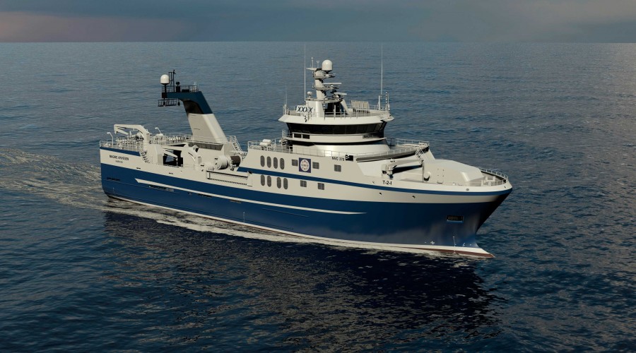 Rolls-Royce leverer design og skipsutstyr til en ny tråler til Engenes fiskeriselskap i Troms. Fartøyet bygges ved Gondan i Spania. Illustrasjon: Rolls-Royce