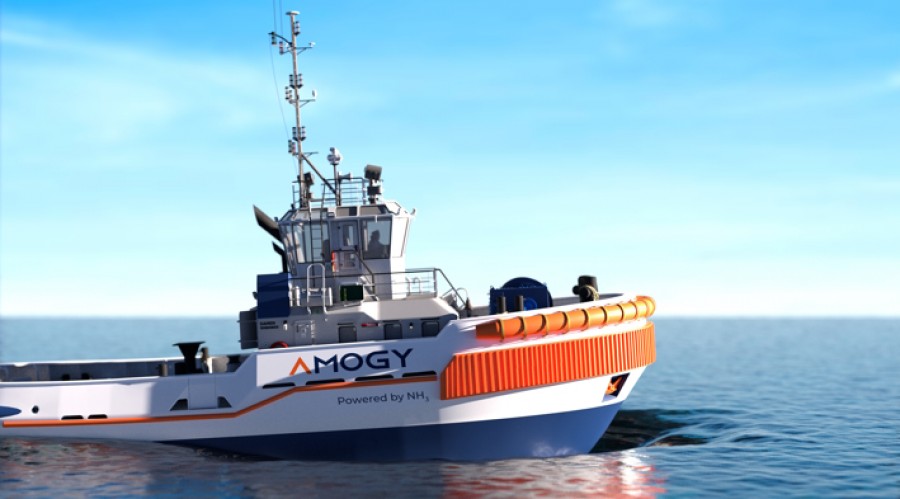 SEAM skal bygge om en slepebåt hvor de skal konvertere dens originale dieselgeneratorer og elektriske motorer til Amogys egenutviklede ammoniakkbaserte, utslippsfrie kraftsystem. Illustrasjon Amogy Inc.